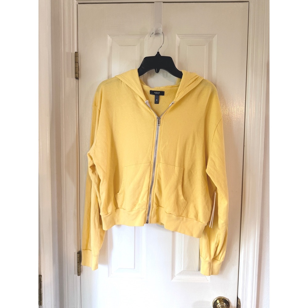 AQUA Athletic Bailey Zip Hoodie Yellow Cropped Cotton Sweatshirt Medium NEW